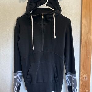 AMPERSAND AVE Black Hoodie with Gray Patterned Sleeves